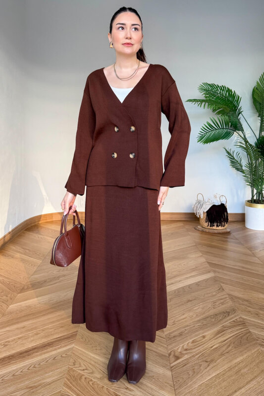 TKM-13364 Kahverengi Çelik Örme Etek-Hırka İkili Triko Takım - 7