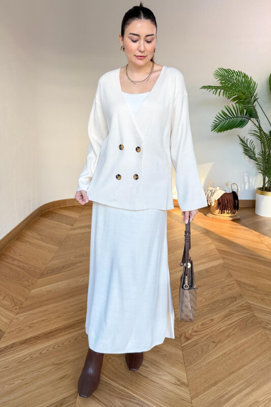 TKM-13364 Krem Çelik Örme Etek-Hırka İkili Triko Takım - 1