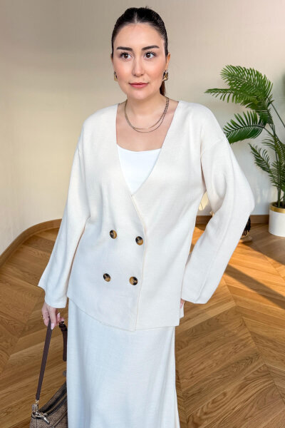 TKM-13364 Krem Çelik Örme Etek-Hırka İkili Triko Takım - Cappmoda (1)