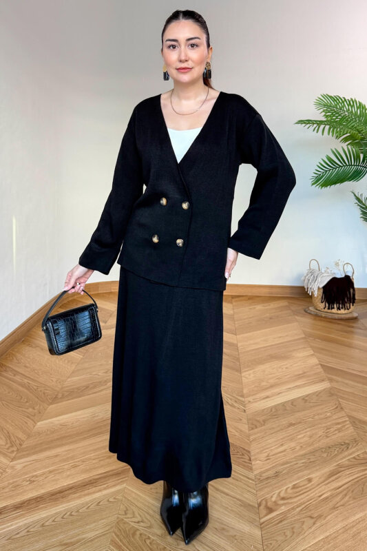 TKM-13364 Siyah Çelik Örme Etek-Hırka İkili Triko Takım - 4