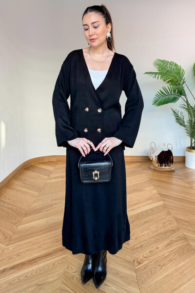 TKM-13364 Siyah Çelik Örme Etek-Hırka İkili Triko Takım - Cappmoda