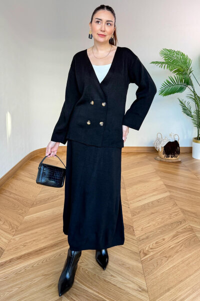 TKM-13364 Siyah Çelik Örme Etek-Hırka İkili Triko Takım - 5