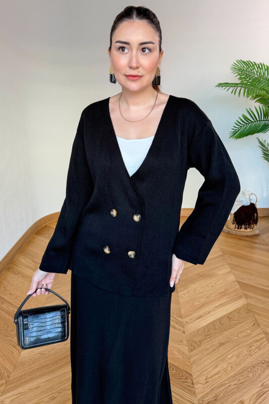 TKM-13364 Siyah Çelik Örme Etek-Hırka İkili Triko Takım - 2