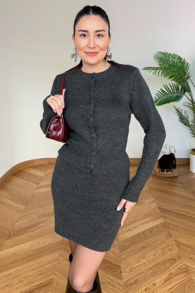 TKM-13365 Füme Kaplama Düğmeli Hırka & Mini Etek Triko İkili Takım - Cappmoda