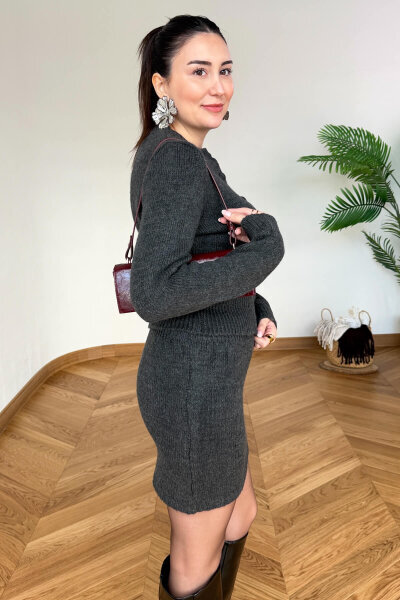 TKM-13365 Füme Kaplama Düğmeli Hırka & Mini Etek Triko İkili Takım - 4