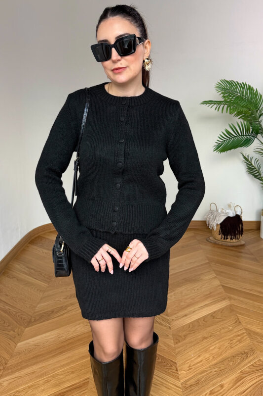 TKM-13365 Siyah Kaplama Düğmeli Hırka & Mini Etek Triko İkili Takım - 2