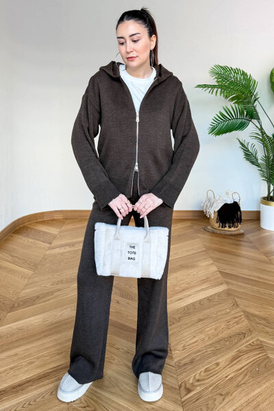 TKM-13366 Acı Kahve Kapüşonlu Fermuarlı Hırka & Pantolon İkili Triko Takım - 3