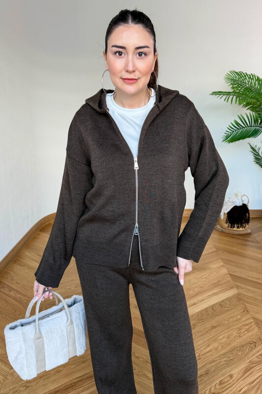 TKM-13366 Acı Kahve Kapüşonlu Fermuarlı Hırka & Pantolon İkili Triko Takım - 2