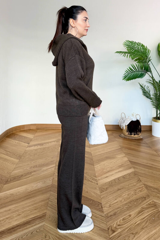 TKM-13366 Acı Kahve Kapüşonlu Fermuarlı Hırka & Pantolon İkili Triko Takım - 4