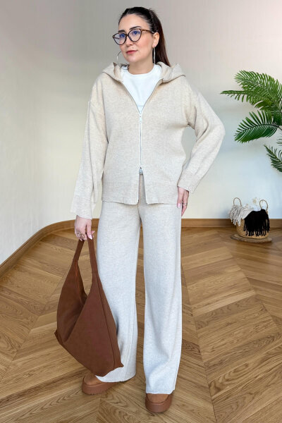 TKM-13366 Bej Kapüşonlu Fermuarlı Hırka & Pantolon İkili Triko Takım - Cappmoda