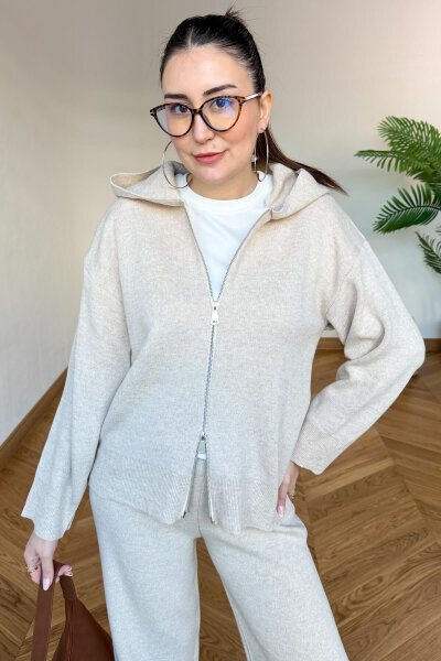 TKM-13366 Bej Kapüşonlu Fermuarlı Hırka & Pantolon İkili Triko Takım - Cappmoda (1)