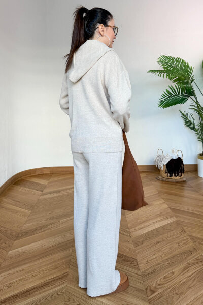 TKM-13366 Bej Kapüşonlu Fermuarlı Hırka & Pantolon İkili Triko Takım - 4