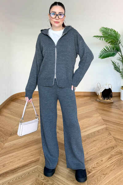 TKM-13366 Füme Kapüşonlu Fermuarlı Hırka & Pantolon İkili Triko Takım - Cappmoda