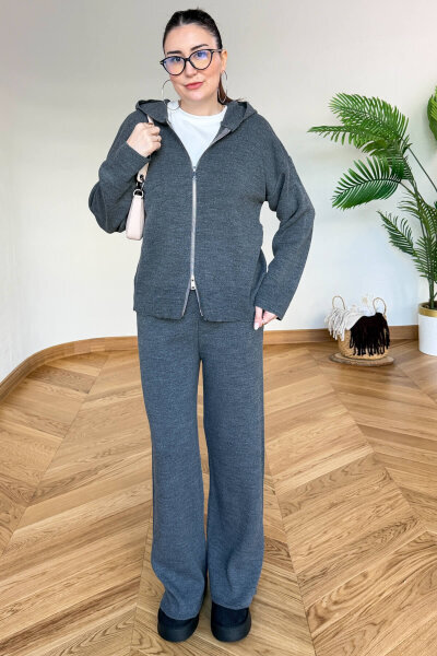 TKM-13366 Füme Kapüşonlu Fermuarlı Hırka & Pantolon İkili Triko Takım - 3