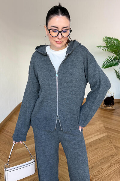 TKM-13366 Füme Kapüşonlu Fermuarlı Hırka & Pantolon İkili Triko Takım - Cappmoda (1)