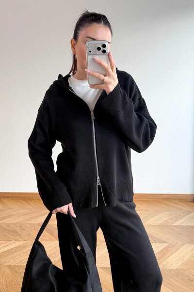 TKM-13366 Siyah Kapüşonlu Fermuarlı Hırka & Pantolon İkili Triko Takım - Cappmoda (1)