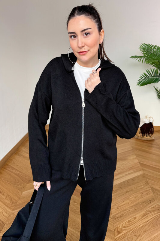 TKM-13366 Siyah Kapüşonlu Fermuarlı Hırka & Pantolon İkili Triko Takım - 3