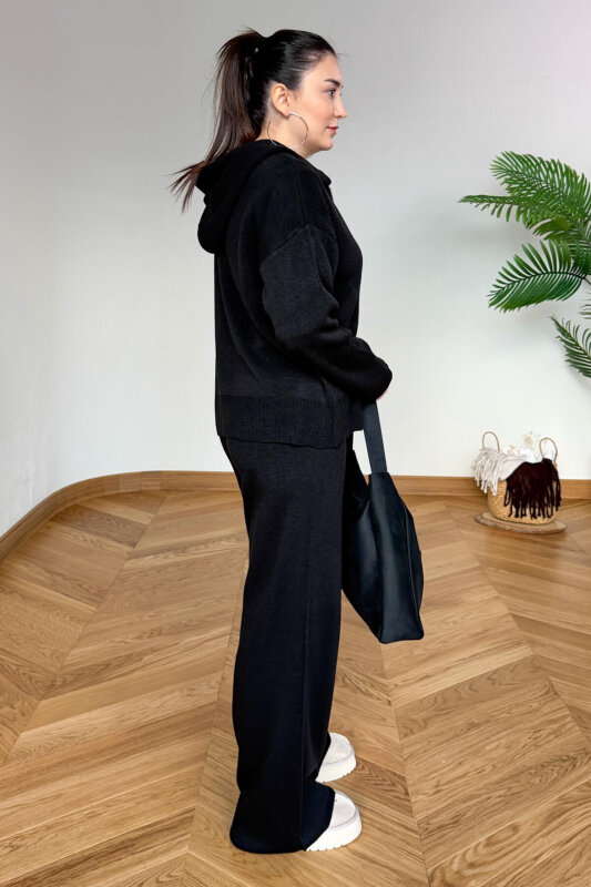 TKM-13366 Siyah Kapüşonlu Fermuarlı Hırka & Pantolon İkili Triko Takım - 5