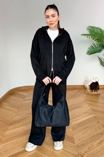 TKM-13366 Siyah Kapüşonlu Fermuarlı Hırka & Pantolon İkili Triko Takım - 6