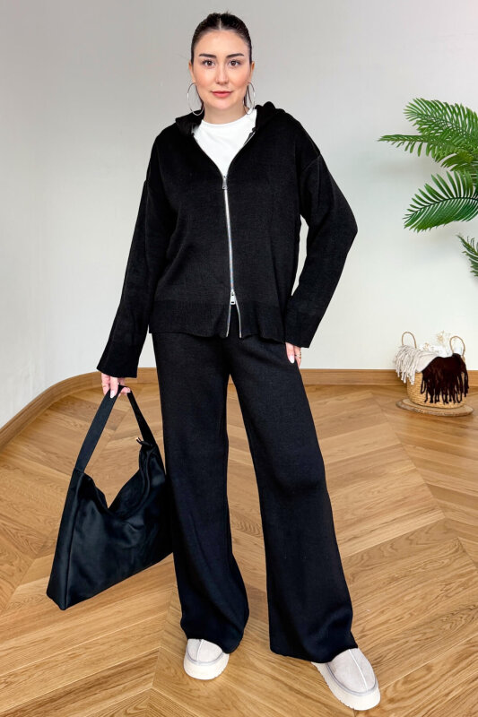 TKM-13366 Siyah Kapüşonlu Fermuarlı Hırka & Pantolon İkili Triko Takım - 7