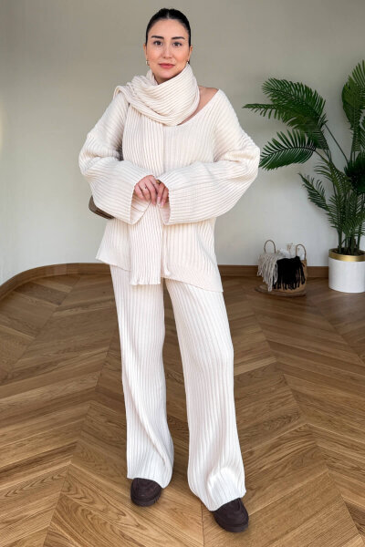 TKM-13367 Bej Şallı Triko & Etek Fitilli Üçlü Takım - Cappmoda