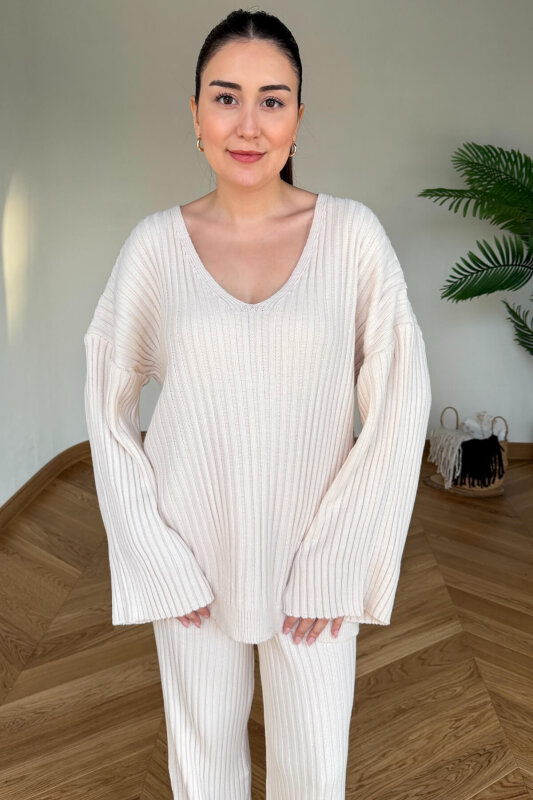 TKM-13367 Bej Şallı Triko & Etek Fitilli Üçlü Takım - 2