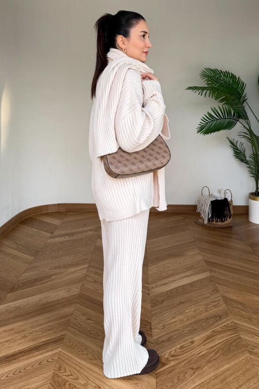 TKM-13367 Bej Şallı Triko & Etek Fitilli Üçlü Takım - 3