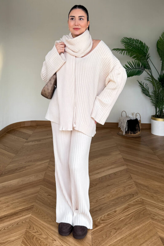 TKM-13367 Bej Şallı Triko & Etek Fitilli Üçlü Takım - 4