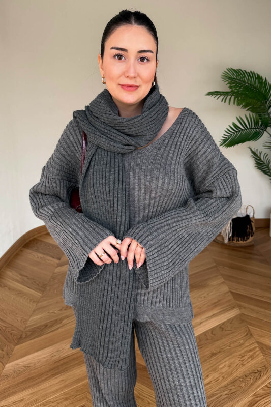 TKM-13367 Füme Şallı Triko & Etek Fitilli Üçlü Takım - 2