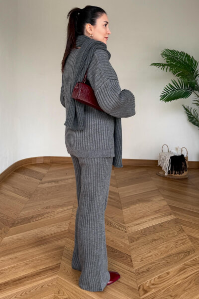 TKM-13367 Füme Şallı Triko & Etek Fitilli Üçlü Takım - 5