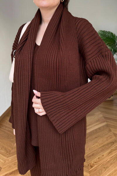 TKM-13367 Kahverengi Şallı Triko & Etek Fitilli Üçlü Takım - Cappmoda (1)