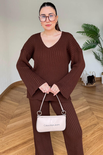 TKM-13367 Kahverengi Şallı Triko & Etek Fitilli Üçlü Takım - 4