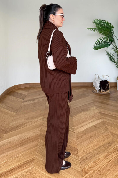 TKM-13367 Kahverengi Şallı Triko & Etek Fitilli Üçlü Takım - 5