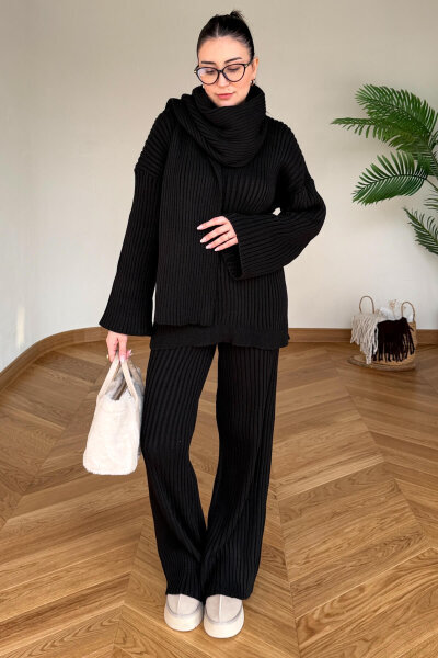 TKM-13367 Siyah Şallı Triko & Etek Fitilli Üçlü Takım - Cappmoda