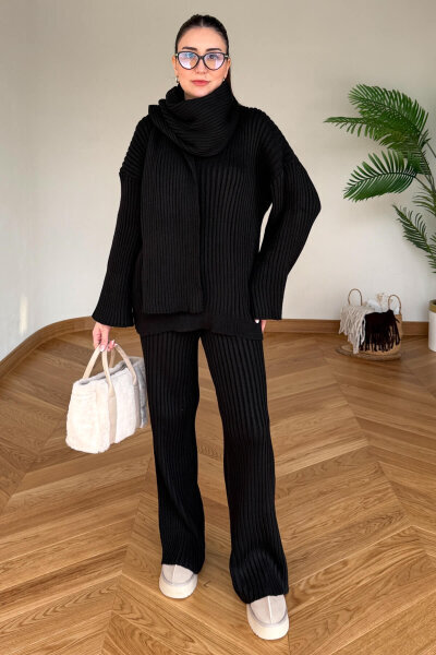 TKM-13367 Siyah Şallı Triko & Etek Fitilli Üçlü Takım - Cappmoda (1)