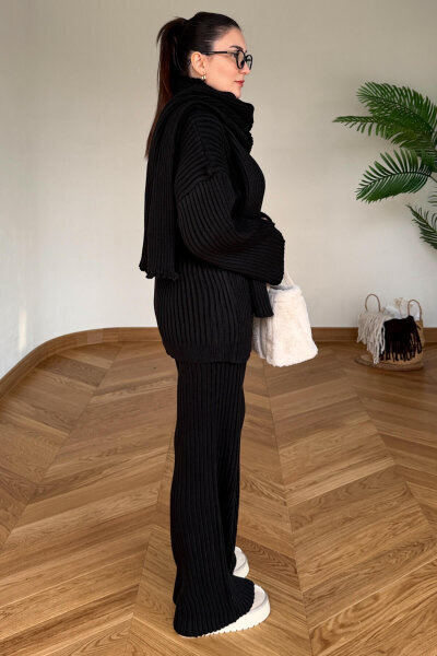 TKM-13367 Siyah Şallı Triko & Etek Fitilli Üçlü Takım - 3