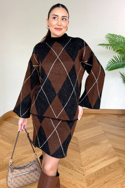 TKM-13368 Siyah-Kahverengi Dik Yaka Kalın Triko Kazak & Mini Etek İkili Takım - 5