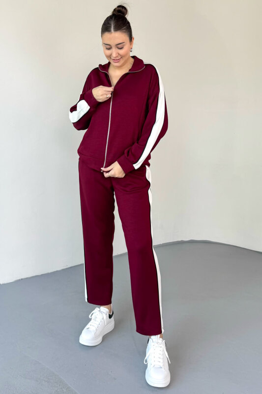 TKM-2301 Bordo Ara Biyeli Garnili Fermuarlı Eşofman Takım - 4