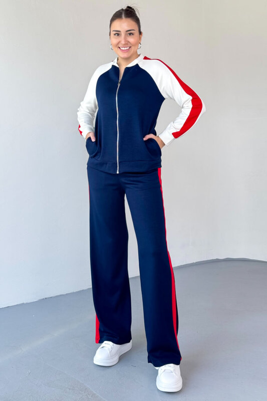 TKM-2303 Lacivert Modal Kumaş Garnili Fermuarlı Sweat Takım - 1