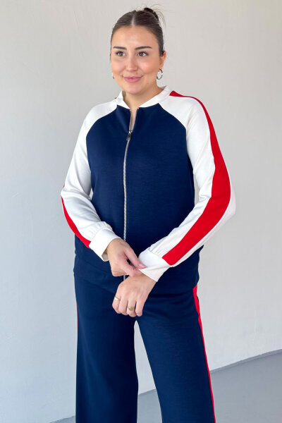 TKM-2303 Lacivert Modal Kumaş Garnili Fermuarlı Sweat Takım - 2