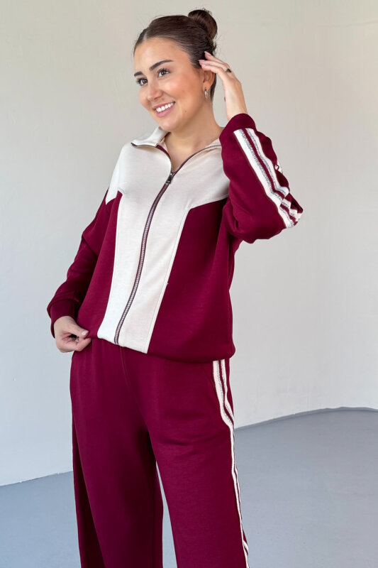 TKM-2310 Bordo Simli Şeritli Garnili Modal Kumaş Eşofman Takım - 2
