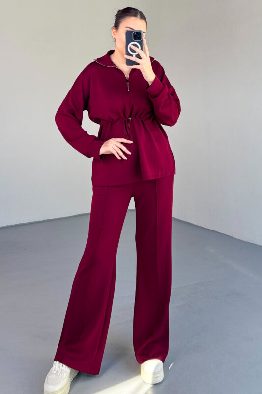 TKM-2312 Bordo Yarım Fermuarlı Tünel Kordonlu Modal Kumaş Çimalı Eşofman Takım - 1