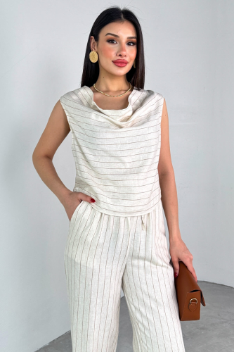 TKM-25136 Krem Şal Yaka Çizgili Bluz Belden Bağlamalı Bol Paça Pantolon Takım - 5