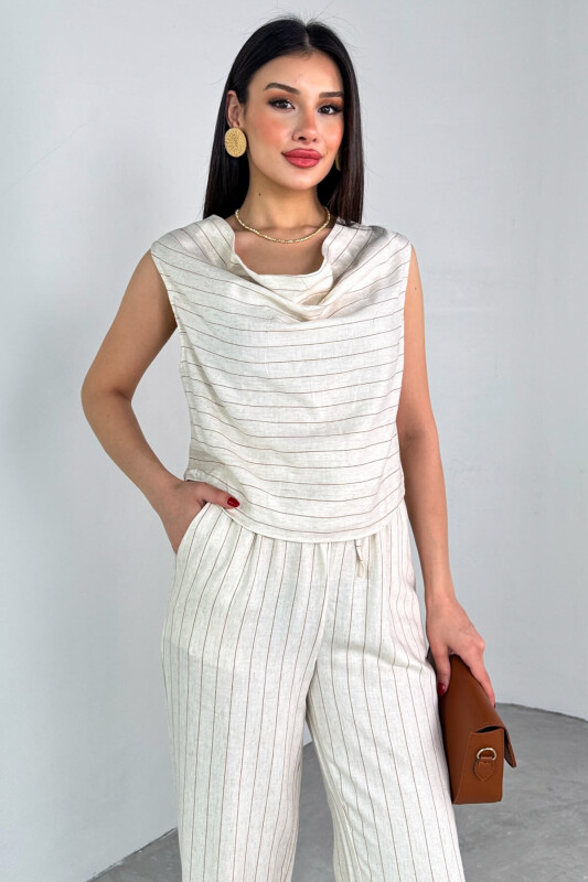 TKM-25136 Krem Şal Yaka Çizgili Bluz Belden Bağlamalı Bol Paça Pantolon Takım - 5