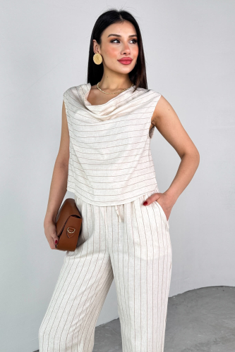 TKM-25136 Krem Şal Yaka Çizgili Bluz Belden Bağlamalı Bol Paça Pantolon Takım - 2