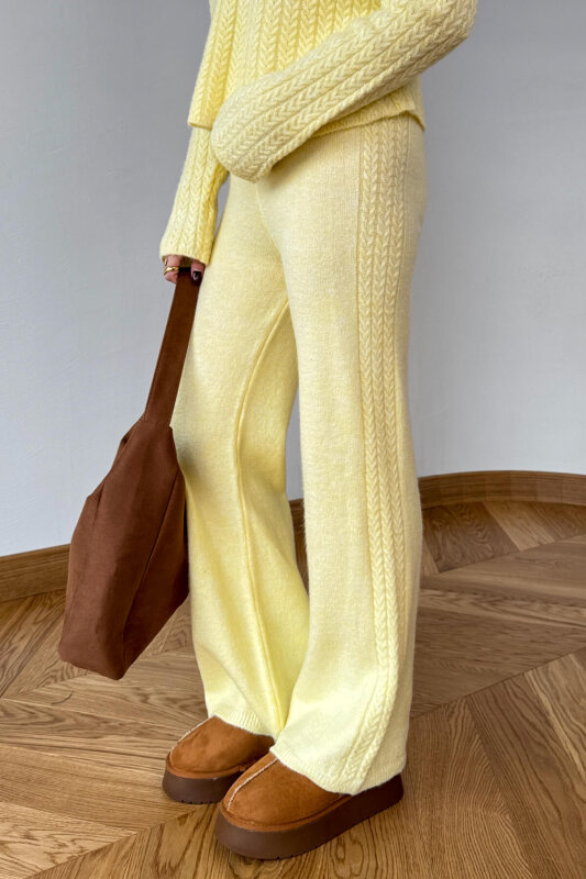 TKM-2528 Sarı Örgü Desenli Tiftikli Yumoş Triko Takım - 3