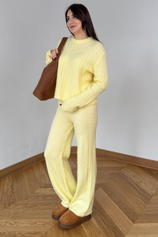 TKM-2528 Sarı Örgü Desenli Tiftikli Yumoş Triko Takım - 6