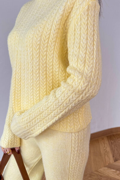 TKM-2528 Sarı Örgü Desenli Tiftikli Yumoş Triko Takım - 7