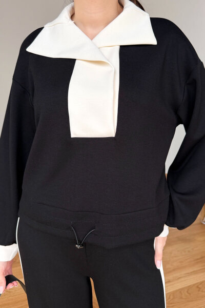 TKM-35586 Siyah Şal Yaka Şerit Detaylı İthal Modal Kumaş İkili Takım - 3