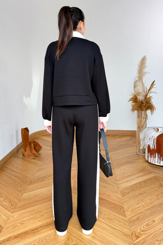 TKM-35586 Siyah Şal Yaka Şerit Detaylı İthal Modal Kumaş İkili Takım - 5